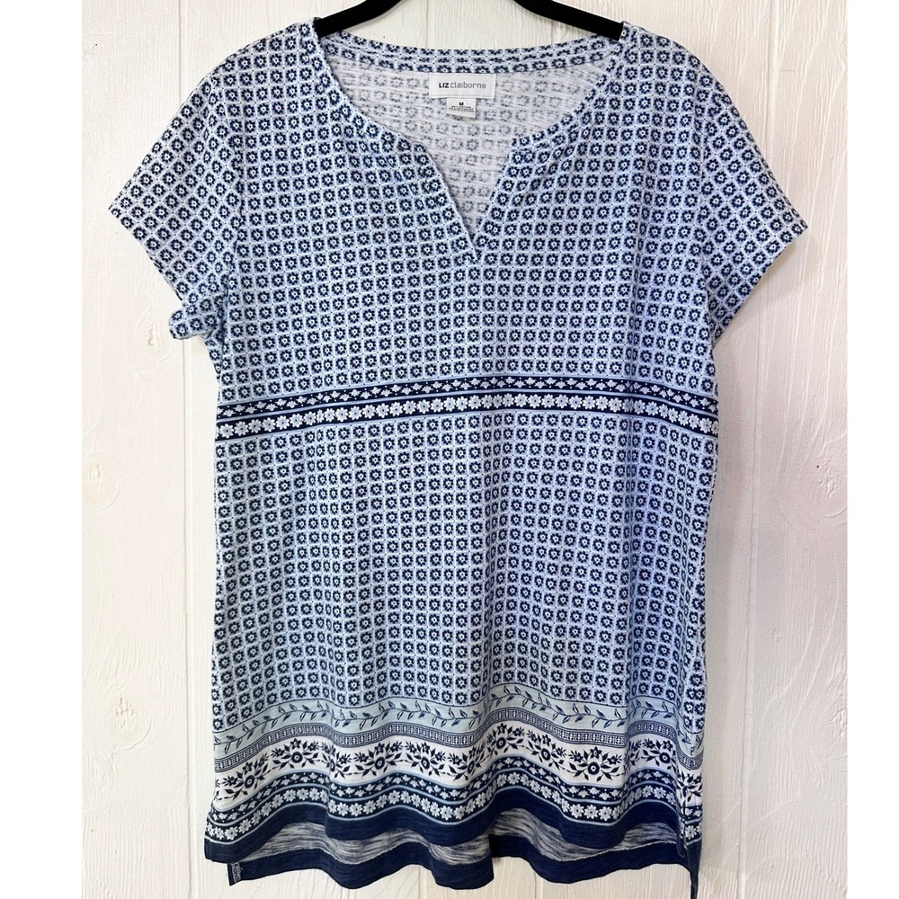 Liz Claiborne Split Neck Top Womens M Blue Floral Tile Print Short Sleeve